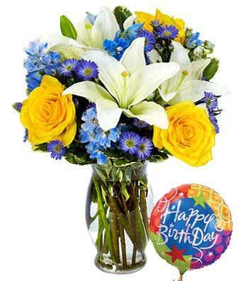 Rose and Lily Sunshine Bouquet with Birthday Balloon